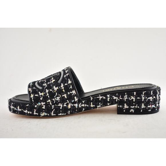Chanel 20P Black White Tweed Mesh CC Logo Slide Slip Sandal Mule Heel Flat 36.5 - Picture 10 of 14